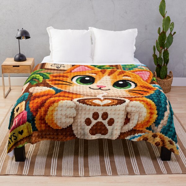 Item preview,  Cute Orange Cat with Coffee – Colorful Building Block Mosaic Art designed and sold by WildWhimsy Art.