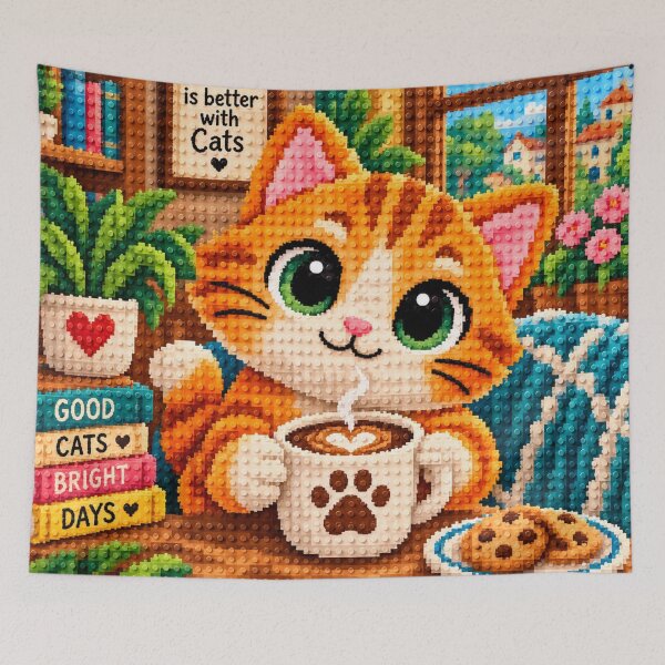 Item preview,  Cute Orange Cat with Coffee – Colorful Building Block Mosaic Art designed and sold by WildWhimsy Art.