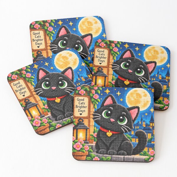 Item preview, Cute Black Cat Under the Moon – Colorful Building Block Mosaic Art designed and sold by WildWhimsy Art.