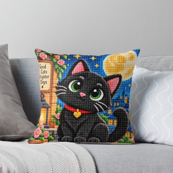 Item preview, Cute Black Cat Under the Moon – Colorful Building Block Mosaic Art designed and sold by WildWhimsy Art.