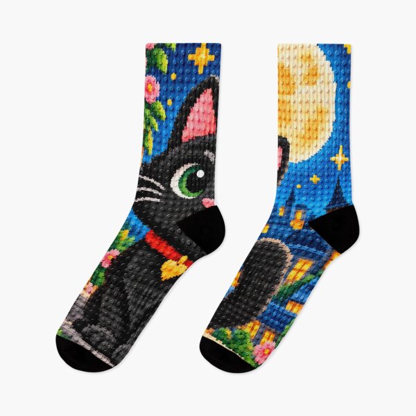 Item preview, Cute Black Cat Under the Moon – Colorful Building Block Mosaic Art designed and sold by WildWhimsy Art.