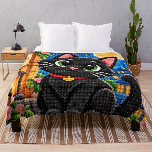 Item preview, Cute Black Cat Under the Moon – Colorful Building Block Mosaic Art designed and sold by WildWhimsy Art.