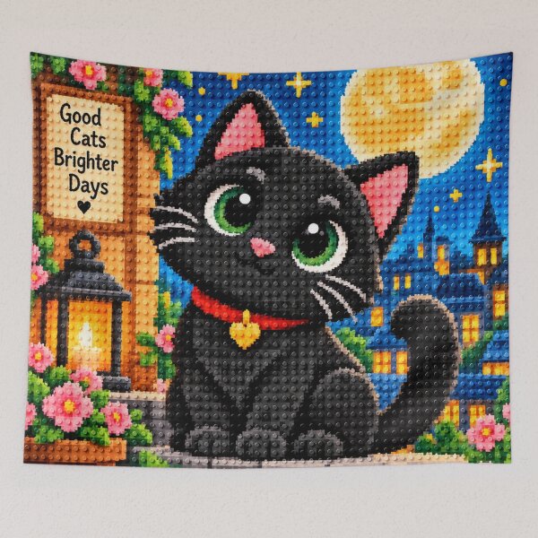Item preview, Cute Black Cat Under the Moon – Colorful Building Block Mosaic Art designed and sold by WildWhimsy Art.