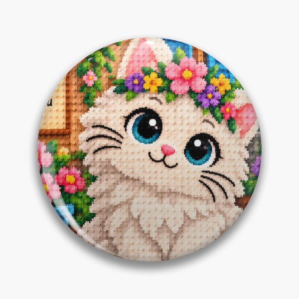 Item preview, Cute White Fluffy Cat with Flowers – Colorful Building Block Mosaic Art designed and sold by WildWhimsy Art.