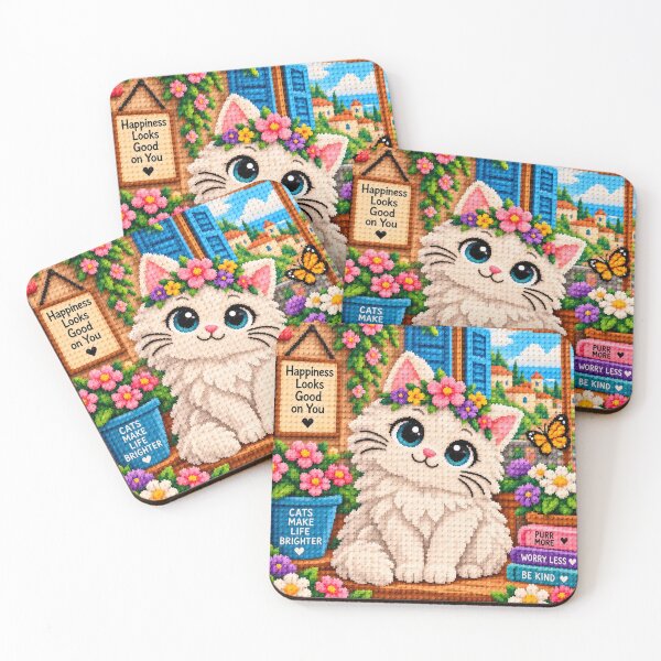 Item preview, Cute White Fluffy Cat with Flowers – Colorful Building Block Mosaic Art designed and sold by WildWhimsy Art.