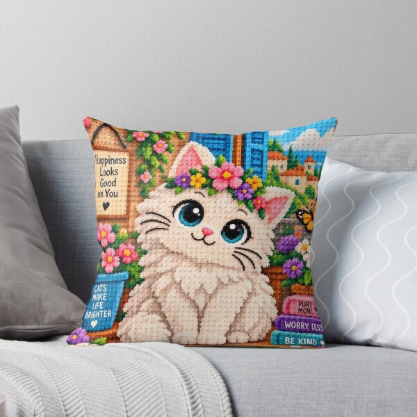 Item preview, Cute White Fluffy Cat with Flowers – Colorful Building Block Mosaic Art designed and sold by WildWhimsy Art.