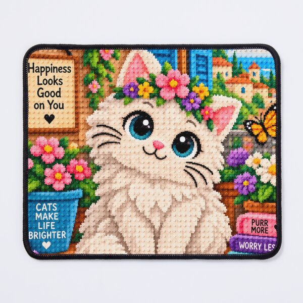 Item preview, Cute White Fluffy Cat with Flowers – Colorful Building Block Mosaic Art designed and sold by WildWhimsy Art.