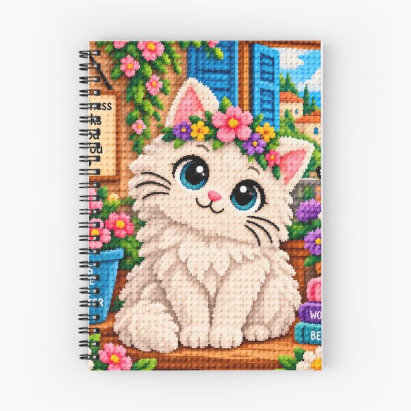 Item preview, Cute White Fluffy Cat with Flowers – Colorful Building Block Mosaic Art designed and sold by WildWhimsy Art.