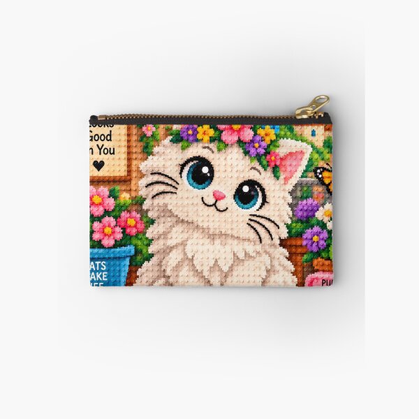 Item preview, Cute White Fluffy Cat with Flowers – Colorful Building Block Mosaic Art designed and sold by WildWhimsy Art.