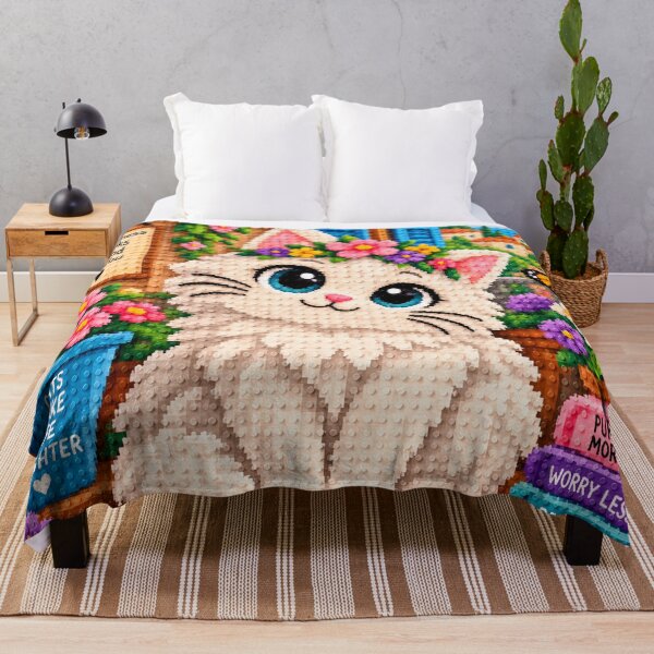 Item preview, Cute White Fluffy Cat with Flowers – Colorful Building Block Mosaic Art designed and sold by WildWhimsy Art.