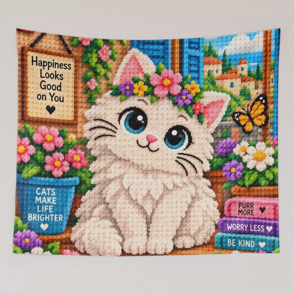 Item preview, Cute White Fluffy Cat with Flowers – Colorful Building Block Mosaic Art designed and sold by WildWhimsy Art.