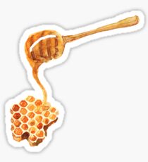 Watercolor hand drawn sketch illustration of spoon for honey and honeycomb Sticker