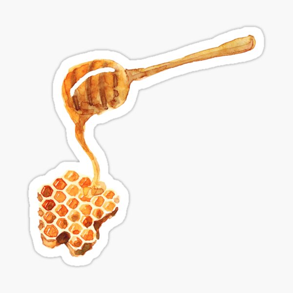 Watercolor hand drawn sketch illustration of spoon for honey and honeycomb Sticker