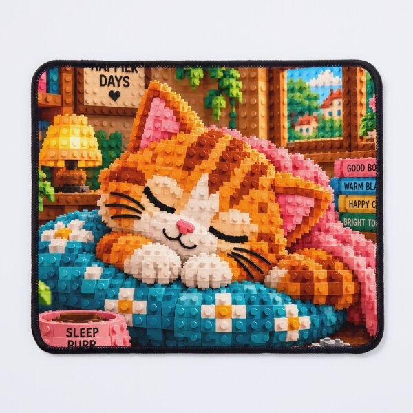 Item preview, Sleeping Orange Cat on a Cozy Cushion – Colorful Building Block Mosaic Art designed and sold by WildWhimsy Art.
