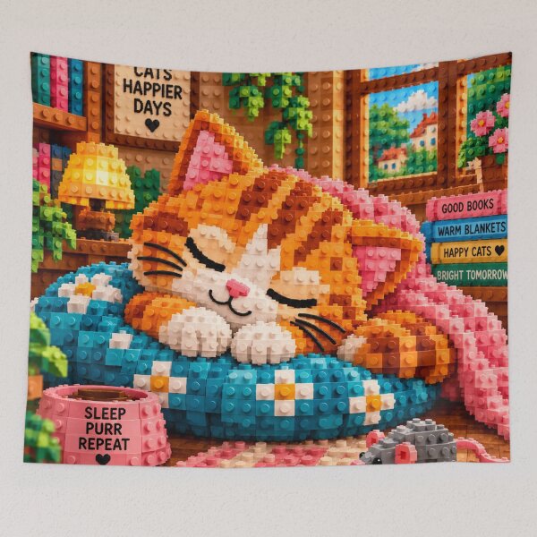 Item preview, Sleeping Orange Cat on a Cozy Cushion – Colorful Building Block Mosaic Art designed and sold by WildWhimsy Art.
