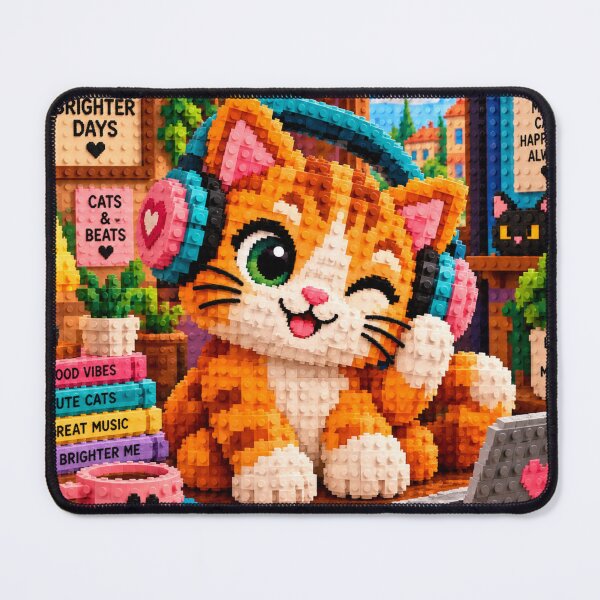 Item preview, Cute Cat with Headphones – Colorful Building Block Mosaic Art designed and sold by WildWhimsy Art.