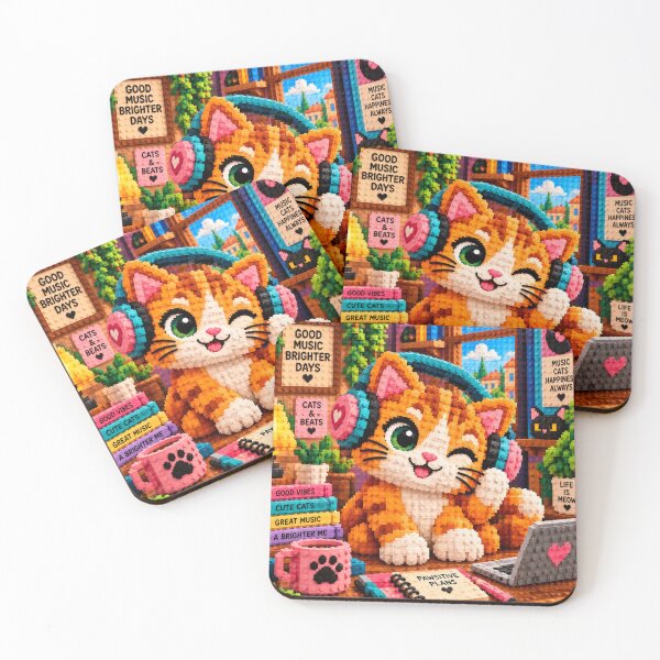 Item preview, Cute Cat with Headphones – Colorful Building Block Mosaic Art designed and sold by WildWhimsy Art.