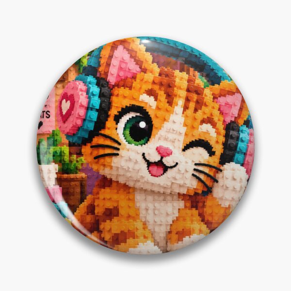 Item preview, Cute Cat with Headphones – Colorful Building Block Mosaic Art designed and sold by WildWhimsy Art.