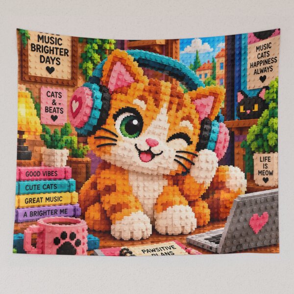 Item preview, Cute Cat with Headphones – Colorful Building Block Mosaic Art designed and sold by WildWhimsy Art.