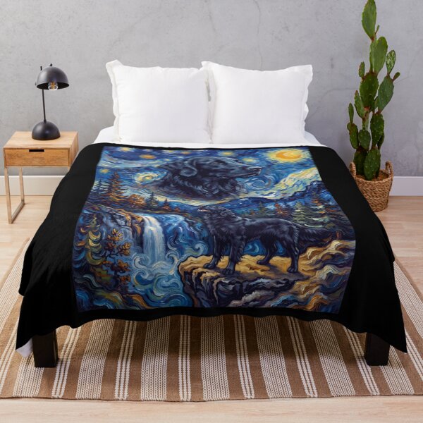 Aperçu de l'œuvre Retriever à poil plat hurlant à la lune, Nuit étoilée, Art de Van Gogh, Amoureux des animaux créée et vendue par dian-rody-crest.