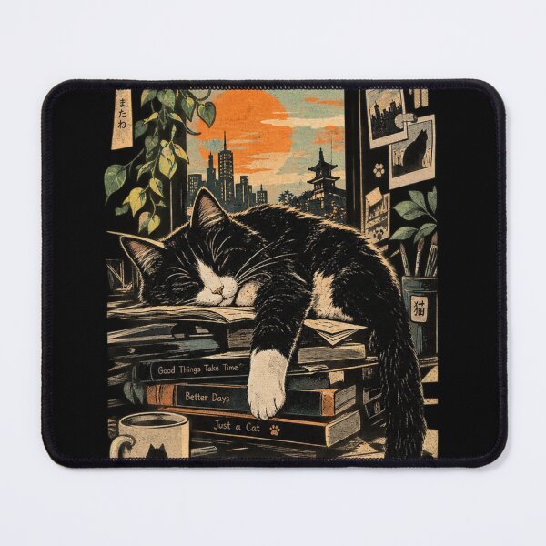 Item preview, Sleeping Tuxedo Cat - Cozy Window City Sunset Anime Art designed and sold by GenZFashion000.
