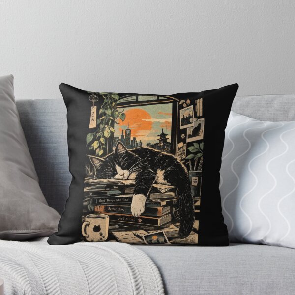 Item preview, Sleeping Tuxedo Cat - Cozy Window City Sunset Anime Art designed and sold by GenZFashion000.