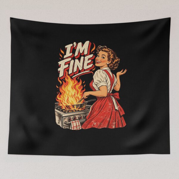 Item preview, Im Fine Funny Vintage 1950s Housewife Kitchen Fire Cooking Design designed and sold by AnimeSH9.
