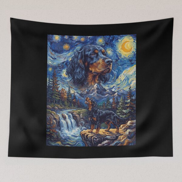 Aperçu de l'œuvre Gordon Setter Hurlement de lune Nuit étoilée Art de Van Gogh Amoureux des animaux créée et vendue par dian-rody-crest.