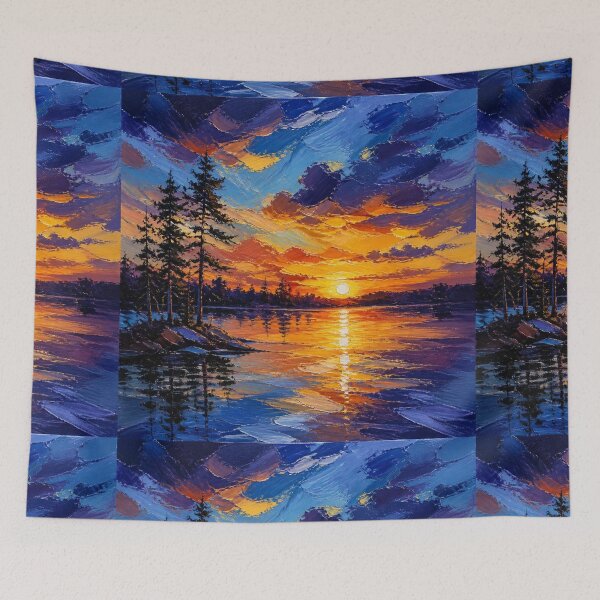 Item preview, Pine Island Sunset Over Peaceful Lake Oil Painting designed and sold by NinaVibeStudio.