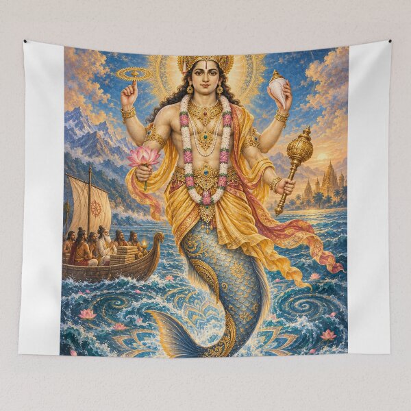 Item preview, Matsya Avatar of Lord Vishnu - Sacred Fish Incarnation Art designed and sold by Homyar.