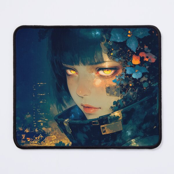 Item preview, Cyberpunk Anime Girl — Glowing Eyes and Blue Flowers designed and sold by SlowBurner2x.