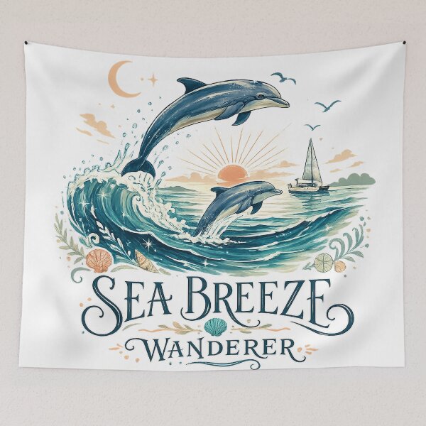 Item preview, Sea Breeze Wanderer Dolphins Ocean Waves Coastal Nautical Art Design designed and sold by inkoutninja.