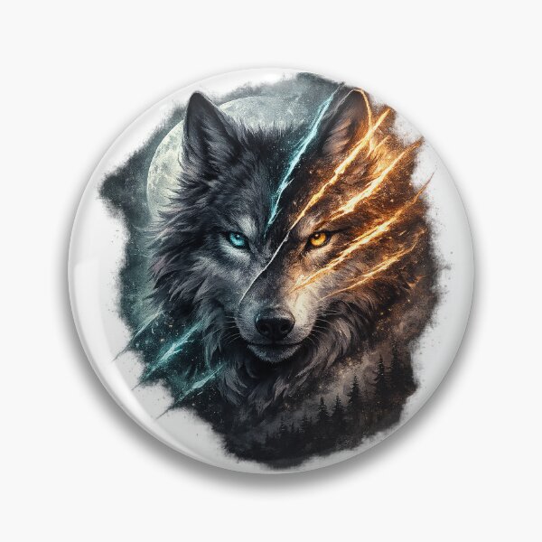 Item preview, Fire and Ice Wolf Duality Moonlit Fantasy Wildlife Art Design Print designed and sold by inkoutninja.