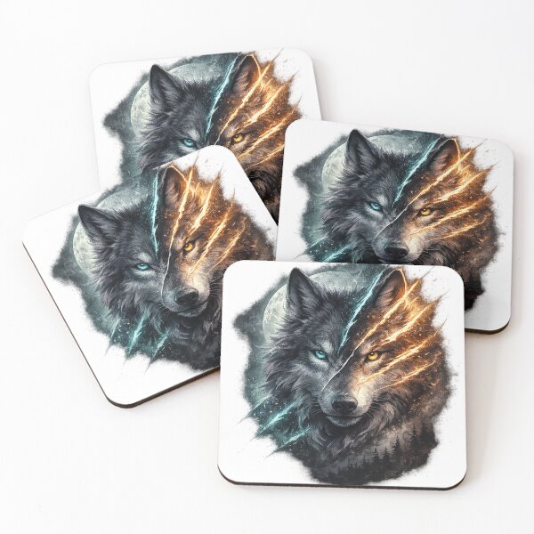 Item preview, Fire and Ice Wolf Duality Moonlit Fantasy Wildlife Art Design Print designed and sold by inkoutninja.