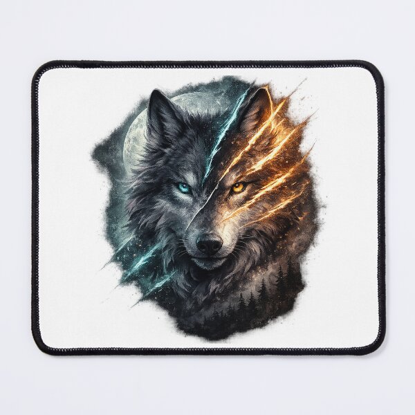 Item preview, Fire and Ice Wolf Duality Moonlit Fantasy Wildlife Art Design Print designed and sold by inkoutninja.