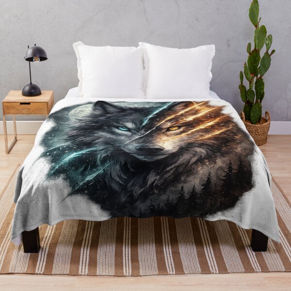 Item preview, Fire and Ice Wolf Duality Moonlit Fantasy Wildlife Art Design Print designed and sold by inkoutninja.