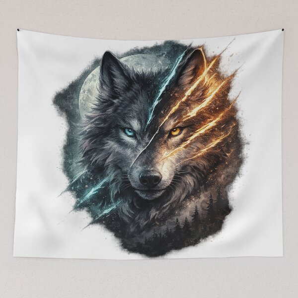 Item preview, Fire and Ice Wolf Duality Moonlit Fantasy Wildlife Art Design Print designed and sold by inkoutninja.