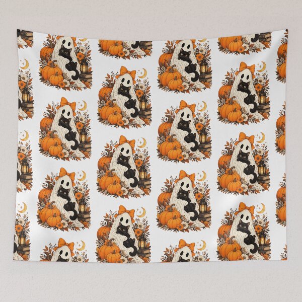 Item preview, Vintage Halloween Ghost Holding Black Cat Groovy Floral designed and sold by KippyMcCall.