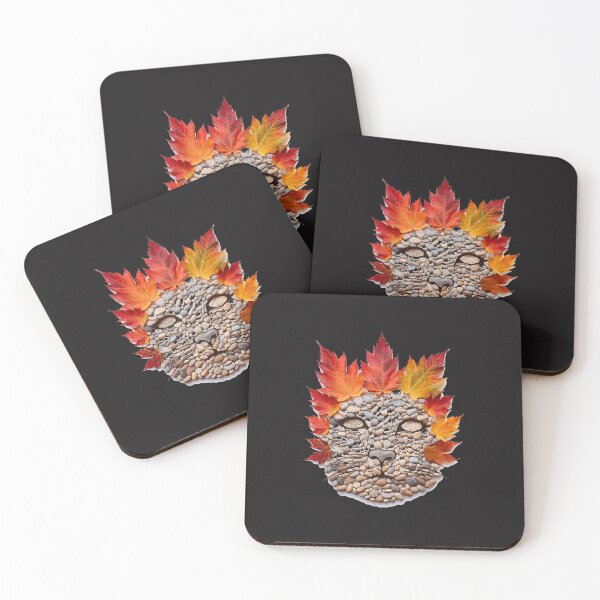 Item preview, Autumn Maple Leaves Pebble Stone Cat Face Nature Art designed and sold by kiralynstration.