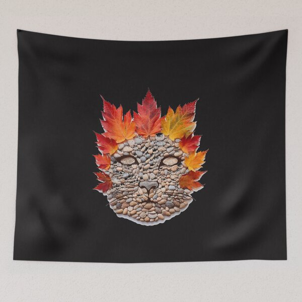 Item preview, Autumn Maple Leaves Pebble Stone Cat Face Nature Art designed and sold by kiralynstration.