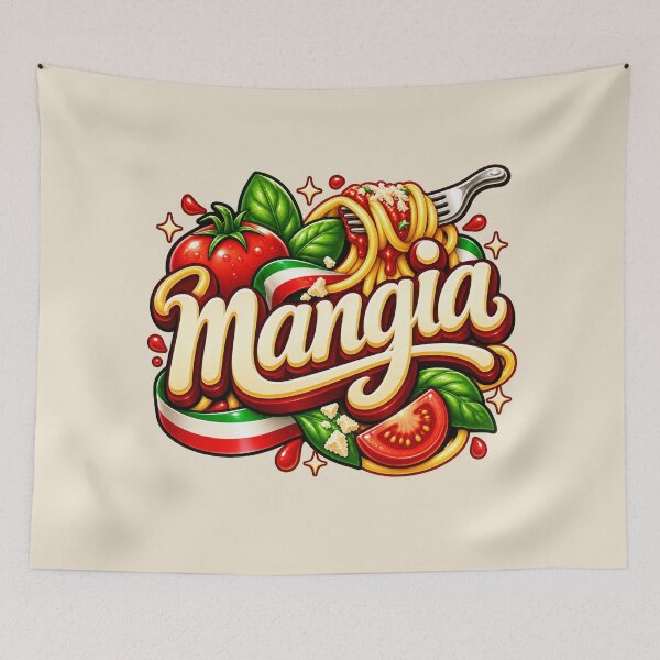 Item preview, Mangia - Italian Pop Lettering Spaghetti Tomato and Basil Design designed and sold by MetaModel Editions.
