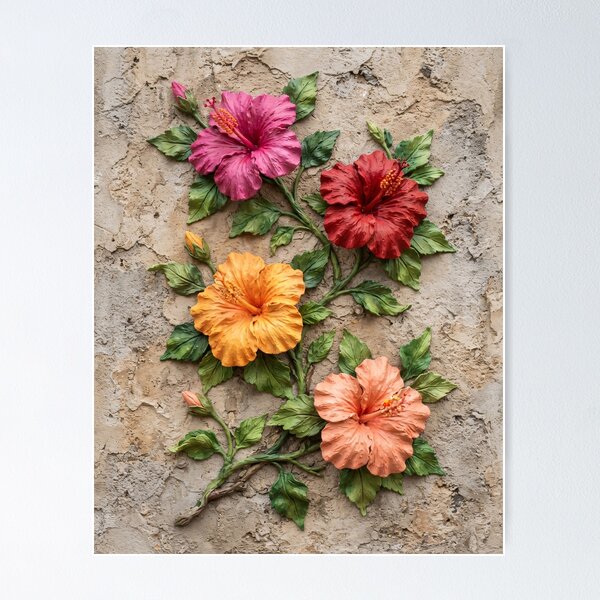Item preview, Multi Color Hibiscus Botanical Relief Art Print designed and sold by PIXEL DIGITAL ART.