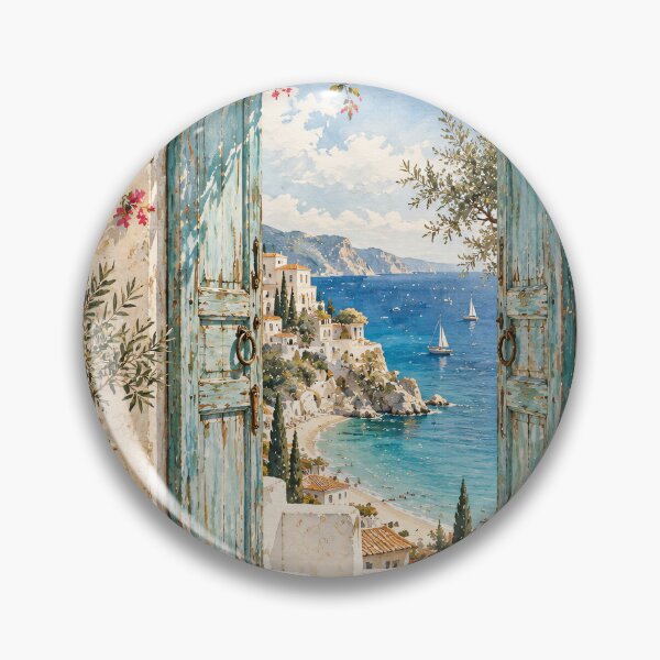 Item preview, Coastal Mediterranean Doorway Sea View Oil Painting designed and sold by Jozefin's Studio.