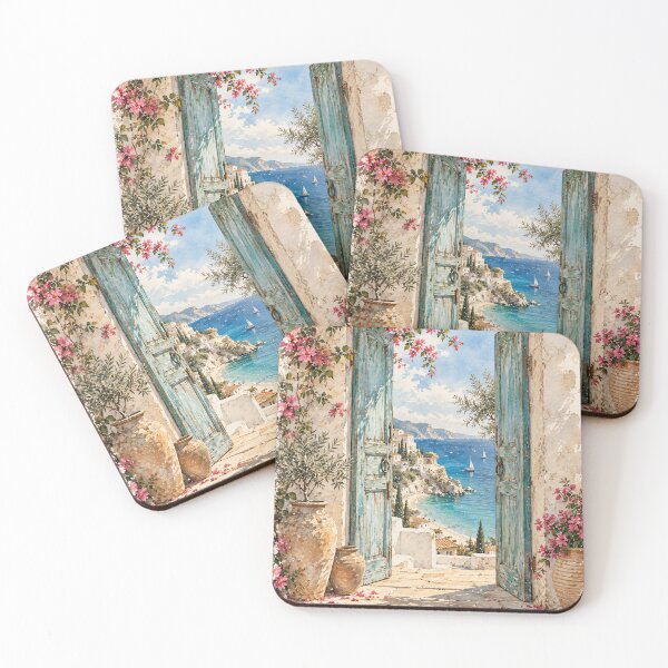 Item preview, Coastal Mediterranean Doorway Sea View Oil Painting designed and sold by Jozefin's Studio.