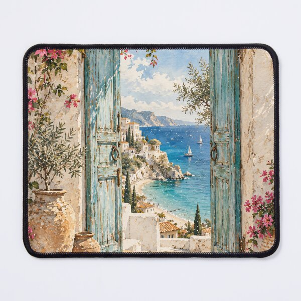 Item preview, Coastal Mediterranean Doorway Sea View Oil Painting designed and sold by Jozefin's Studio.