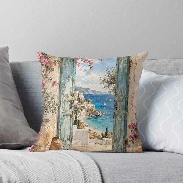 Item preview, Coastal Mediterranean Doorway Sea View Oil Painting designed and sold by Jozefin's Studio.