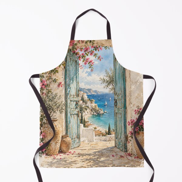 Item preview, Coastal Mediterranean Doorway Sea View Oil Painting designed and sold by Jozefin's Studio.