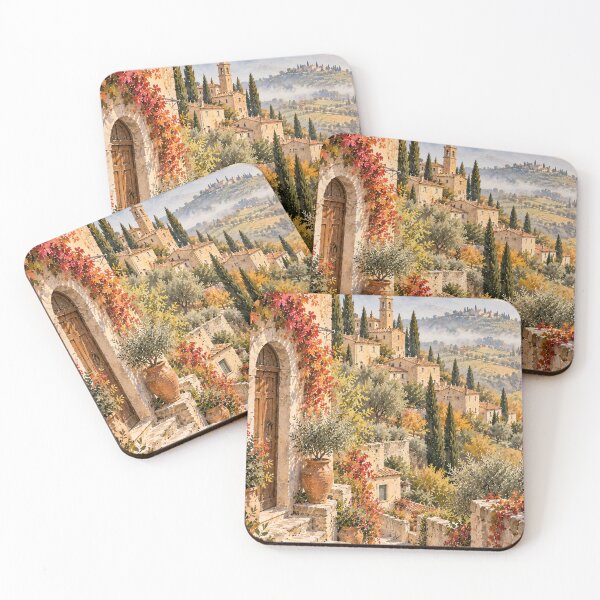 Item preview, Rustic Tuscan Village Watercolour Autumn Hillside Painting designed and sold by Jozefin's Studio.