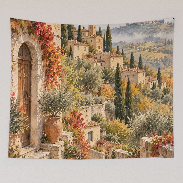 Item preview, Rustic Tuscan Village Watercolour Autumn Hillside Painting designed and sold by Jozefin's Studio.