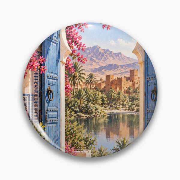 Item preview, Maximalist Moroccan Courtyard Oil Painting Blue Arch designed and sold by Jozefin's Studio.